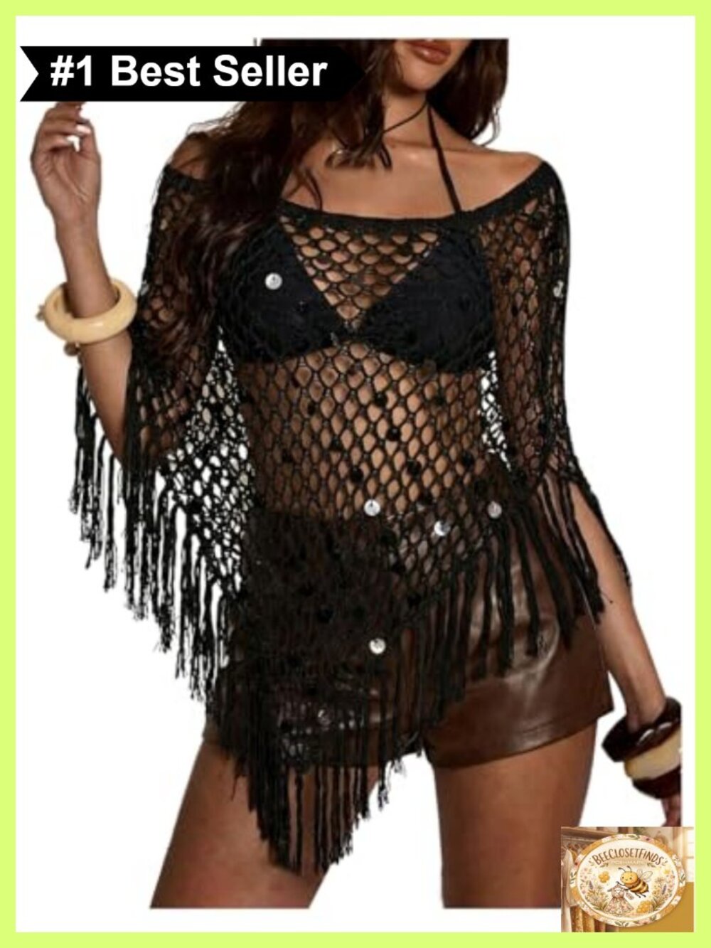 Crochet Tassel Hollow Out Sequin Poncho Top Cover Up
